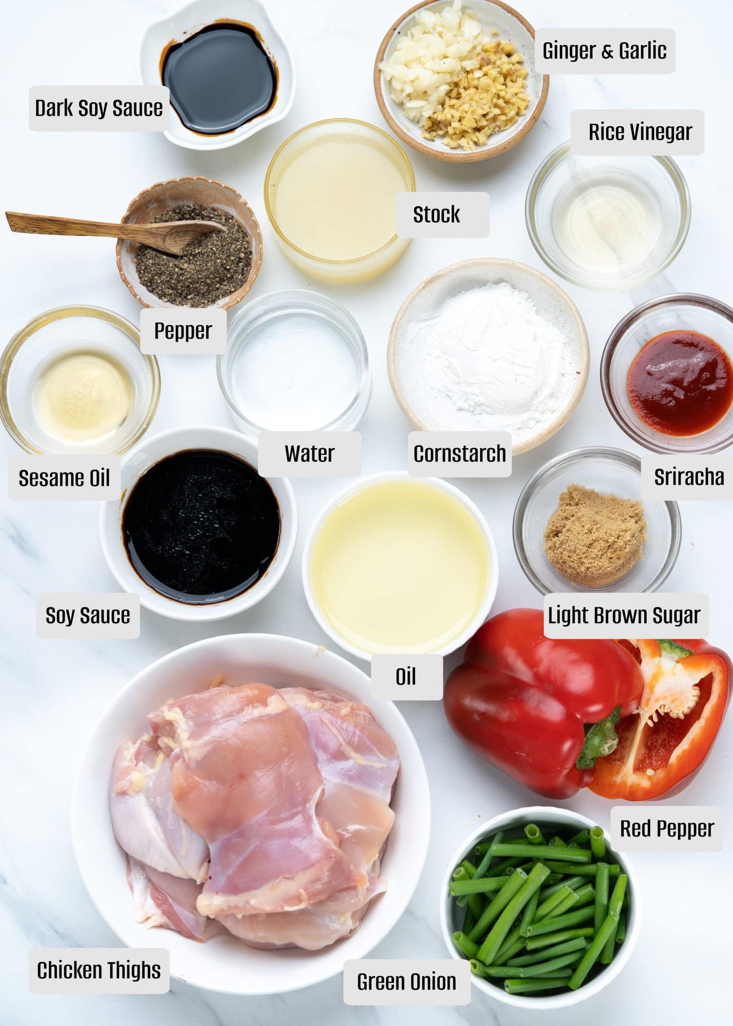 Ingredients required to make the Chinese chicken stir fry and Chinese soy-based sauce