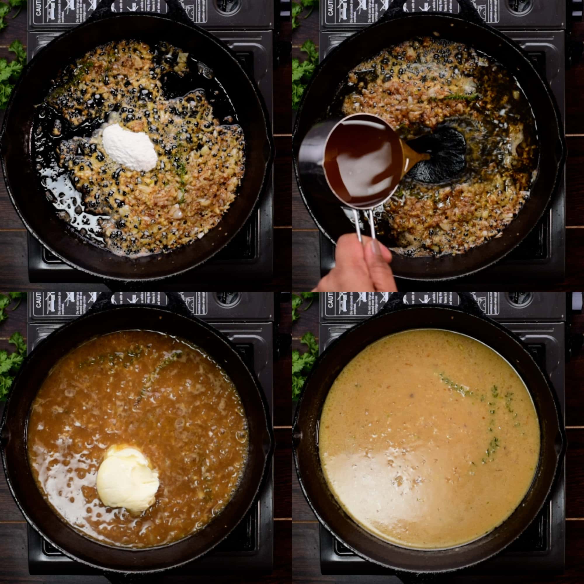 Collage of four images shows - first, sauteing the flour with aromatics, , adding stock, next is sour cream and finally a creamy gravy.