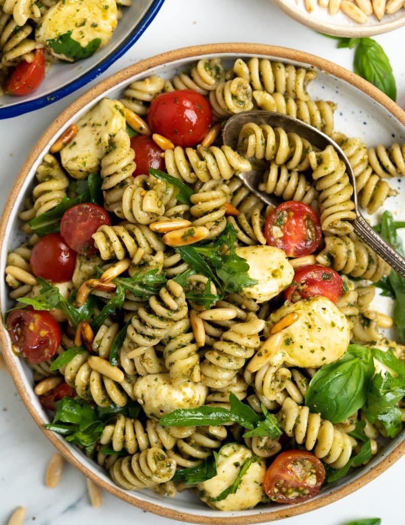 Pesto pasta salad served in a bowl