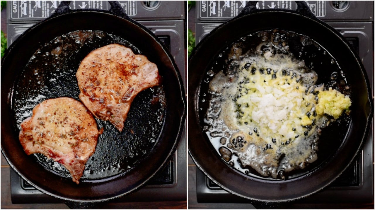 Collage shows Pork chops seared in a skillet. Second image shows shallots, garlic and thyme sauteed in butter in the same skillet. 