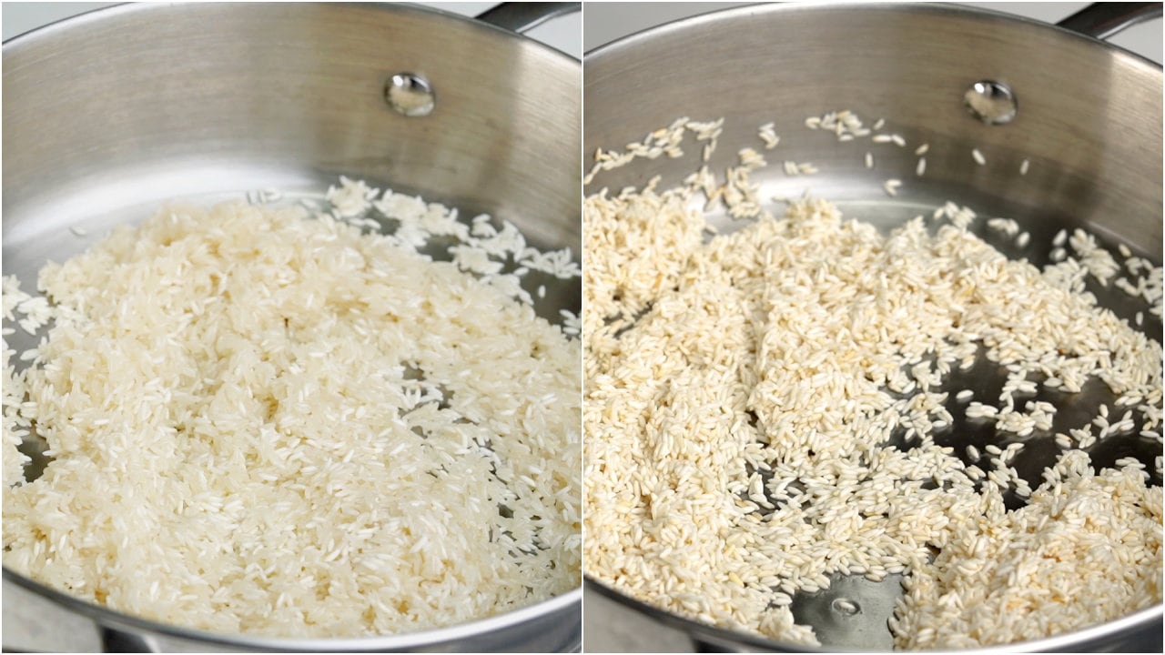 Toasting rice in oil make the rice fluffy and each grain separate in Mexican rice