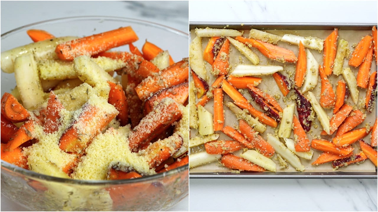 Season with parmesan cheese and arrange in a single layer to bake.