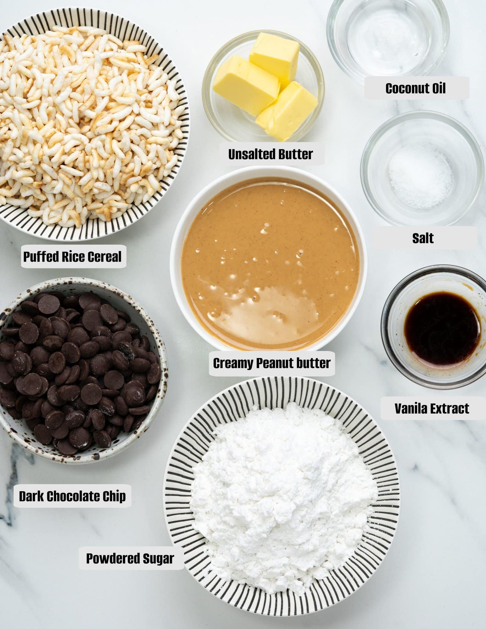 Ingredients for chocolate Peanut butter balls with rice krispies