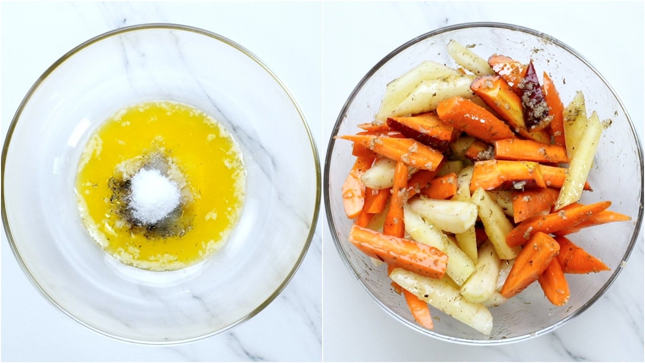 Step one is to season carrots with olive oil, butter, thyme, garlic salt and pepper. 