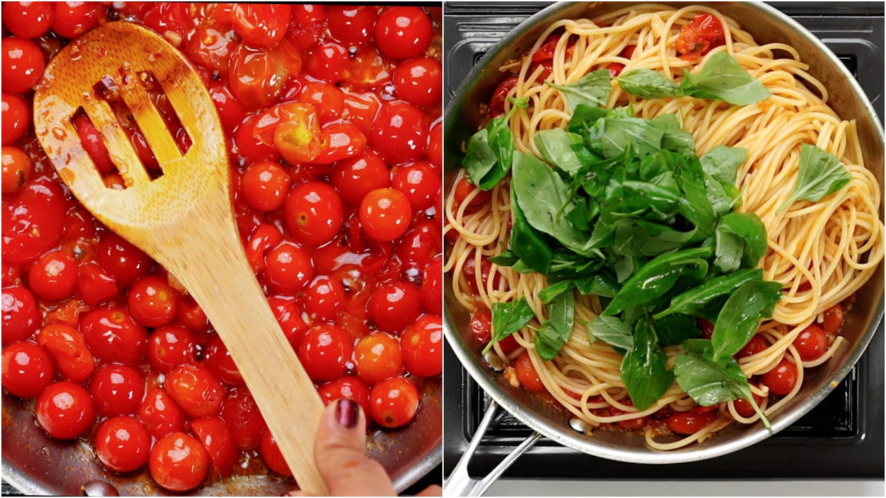 Smash cherry tomatoes to form a thick pasta sauce. Add cooked pasta, basil and basil water. Mix well
