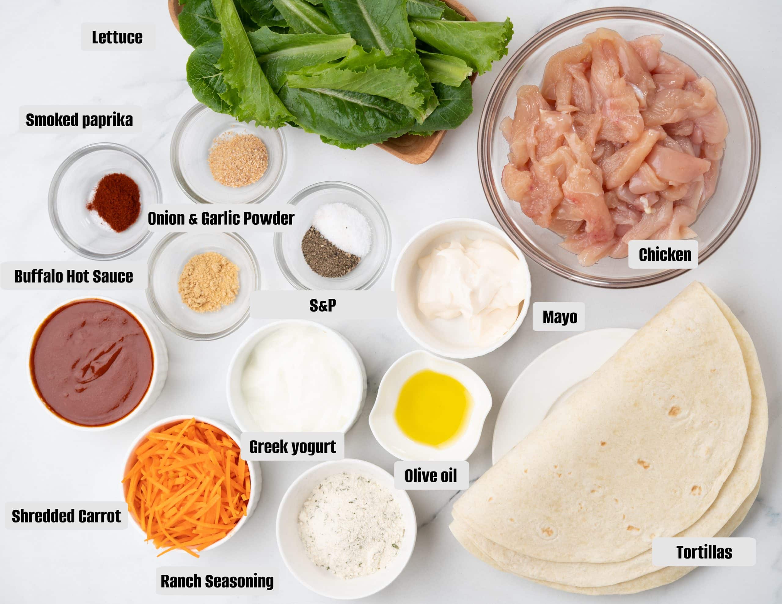 Ingredients for buffalo chicken wrap.
