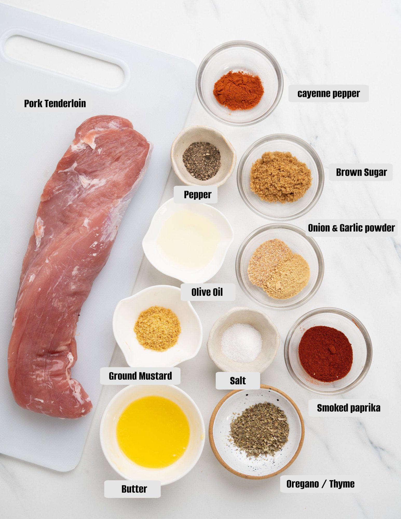 Ingredients to bake pork tenderloin - a flavorful dry rub seasoning with spices and  herb blend
