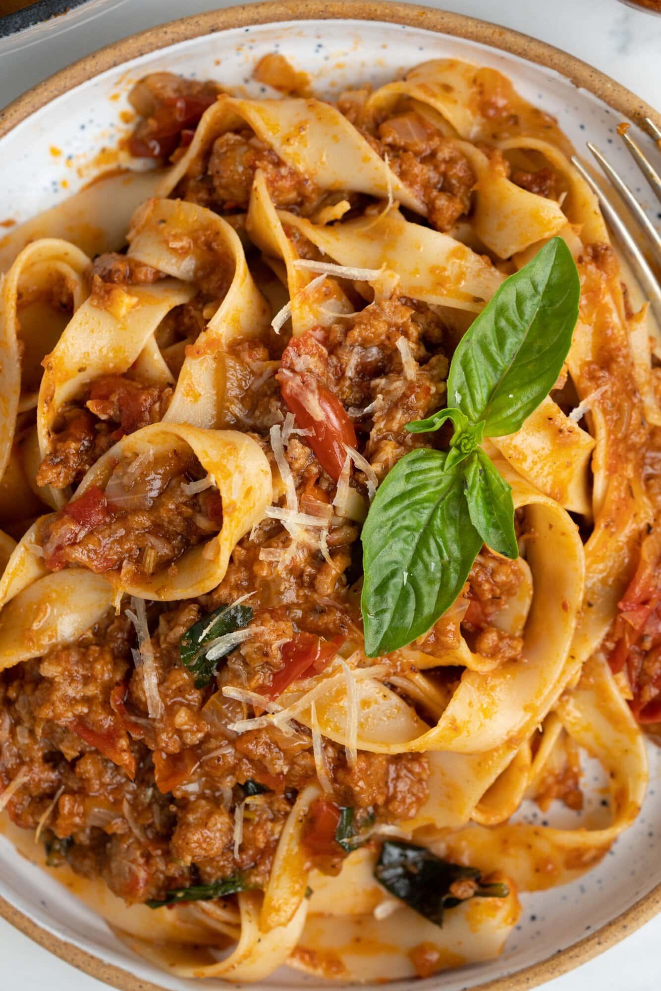 Pappardelle pasta in a hearty tomato based Italian sausage garnished with fresh basil.