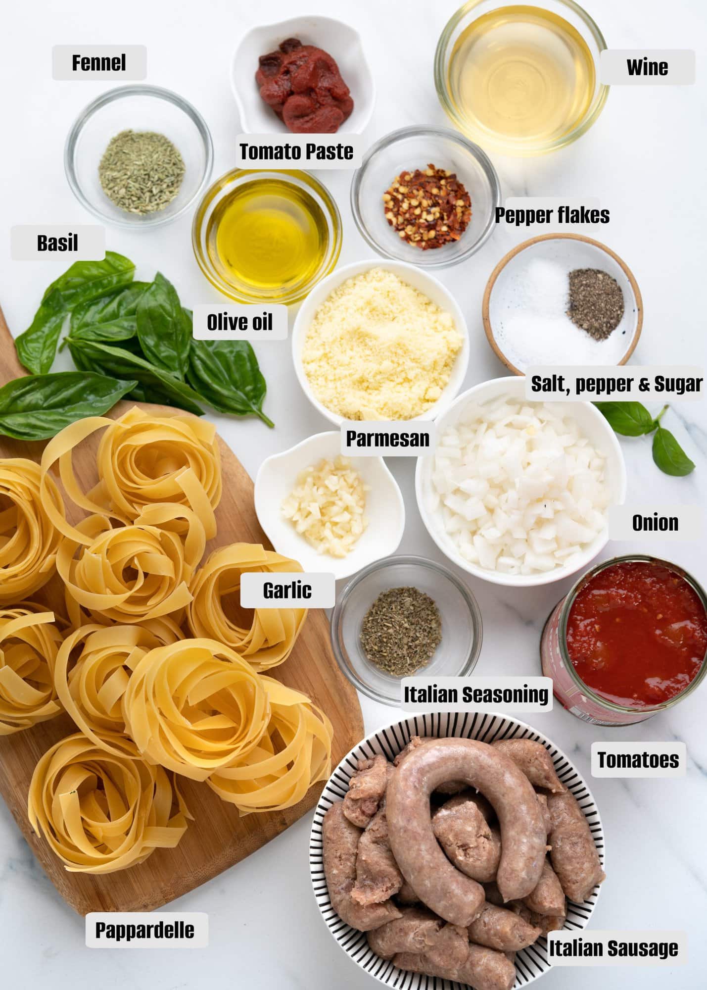 List of ingredients for Pappardelle Pasta with Italian Sausage.