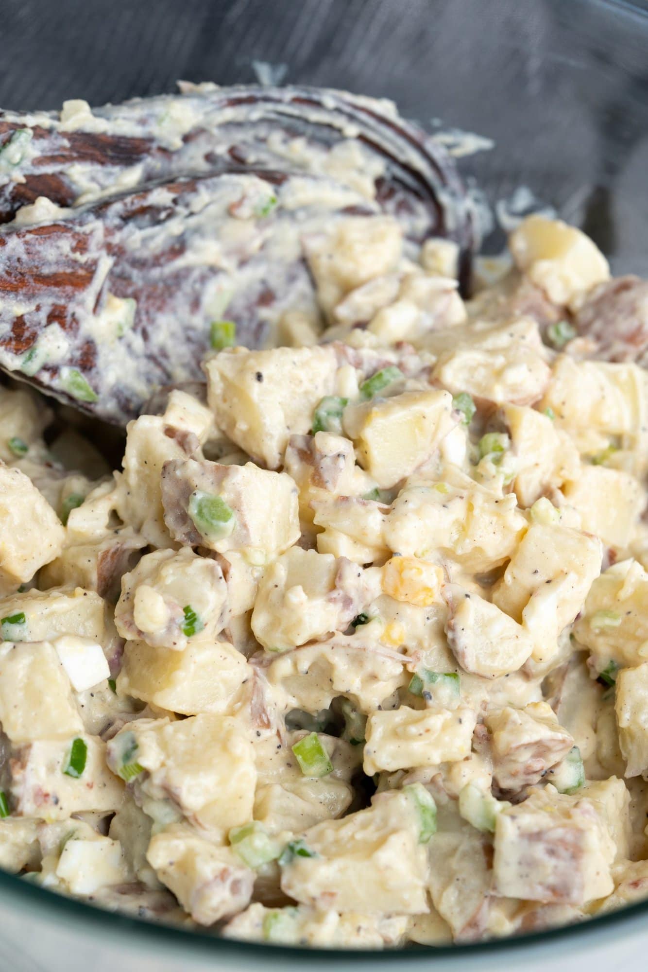 Creamy red potato Potato salad made with red-skinned potatoes, mayo-based dressing, and topped with bacon is one of the best side dishes for BBQs, potlucks etc.