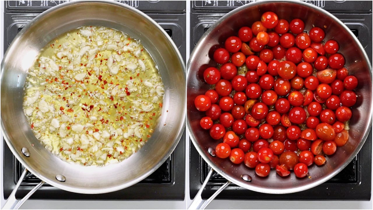 Saute garlic and chilli flakes. then add cherry tomatoes