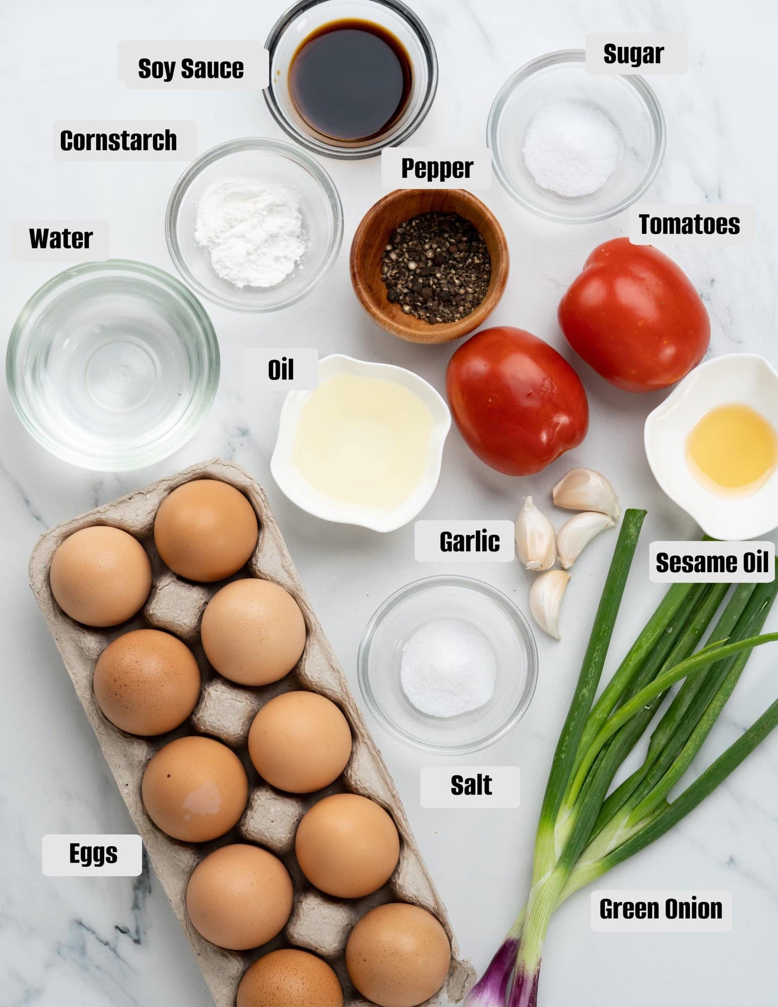 Ingredients for Tomato Egg stir fry.