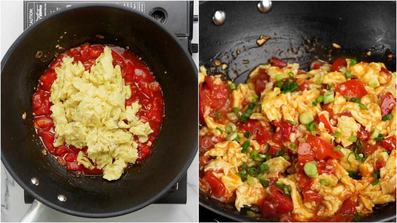 Add cooked eggs to tomatoes along with green onion and sesame oil.