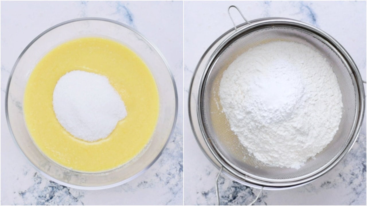Add sugar followed by flour, baking powder, baking soda and salt. 