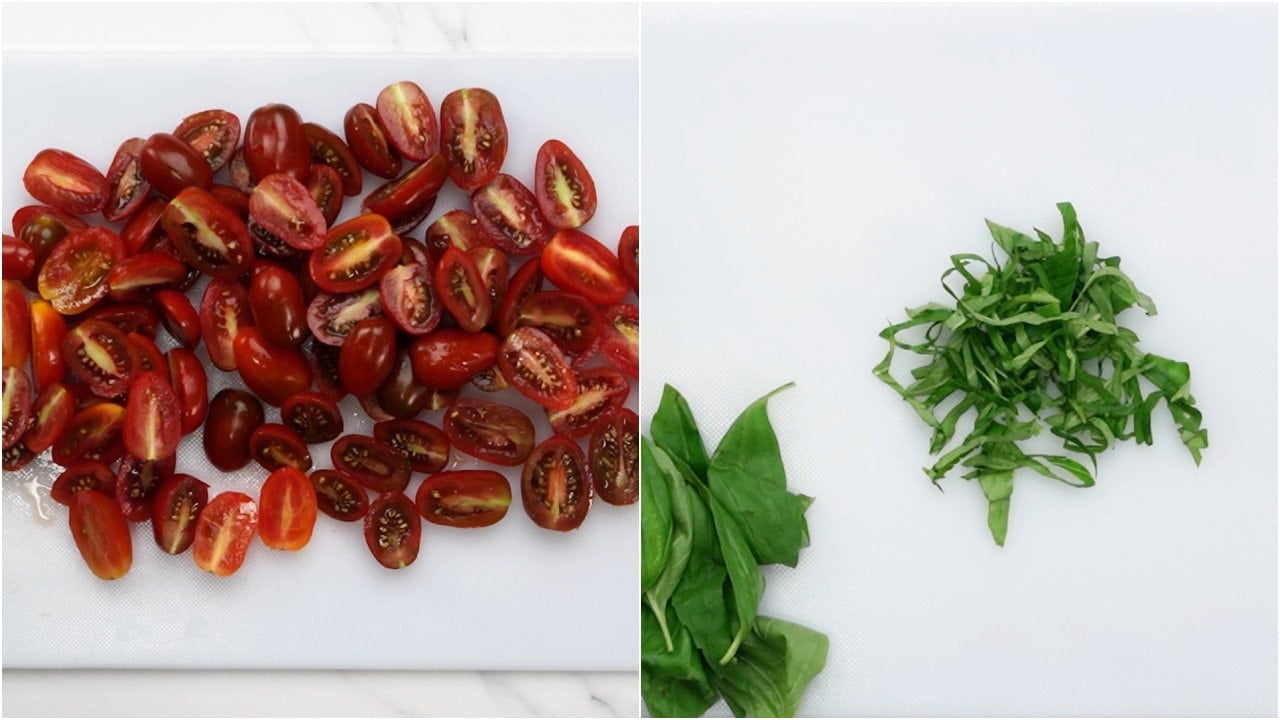 cut cherry tomatoes to half and cut basil leaves