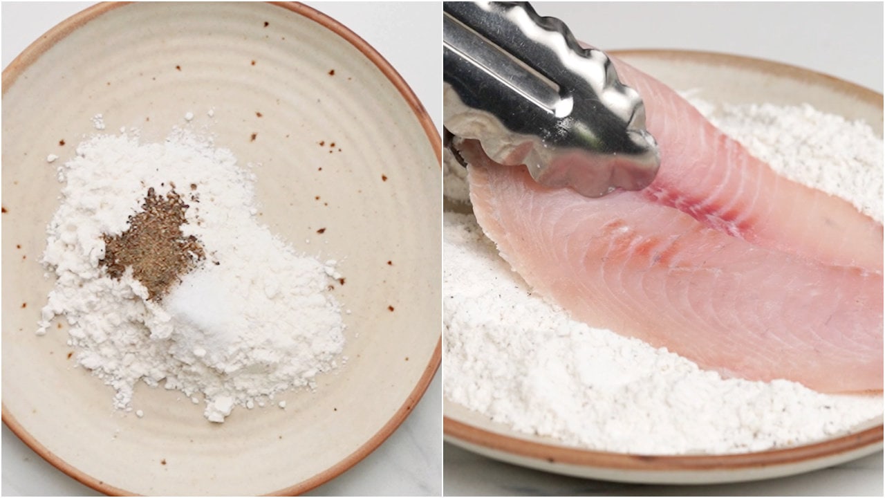 Coat Tilapia Fillets in seasoned flour 