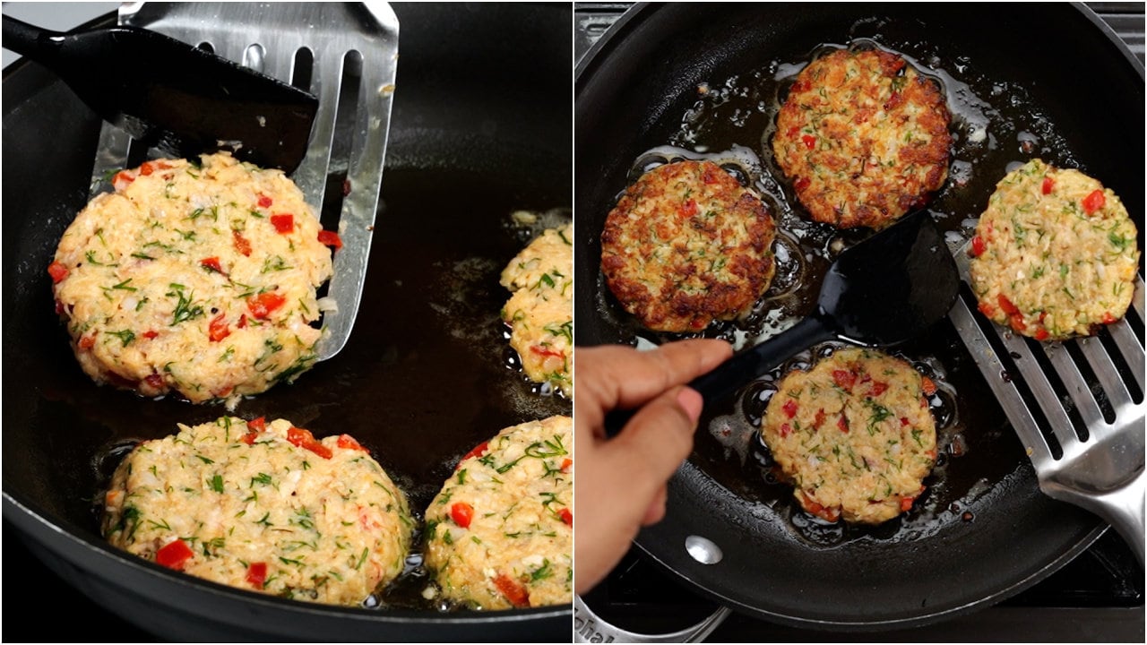 Pan frying salmon patties until cripsy.