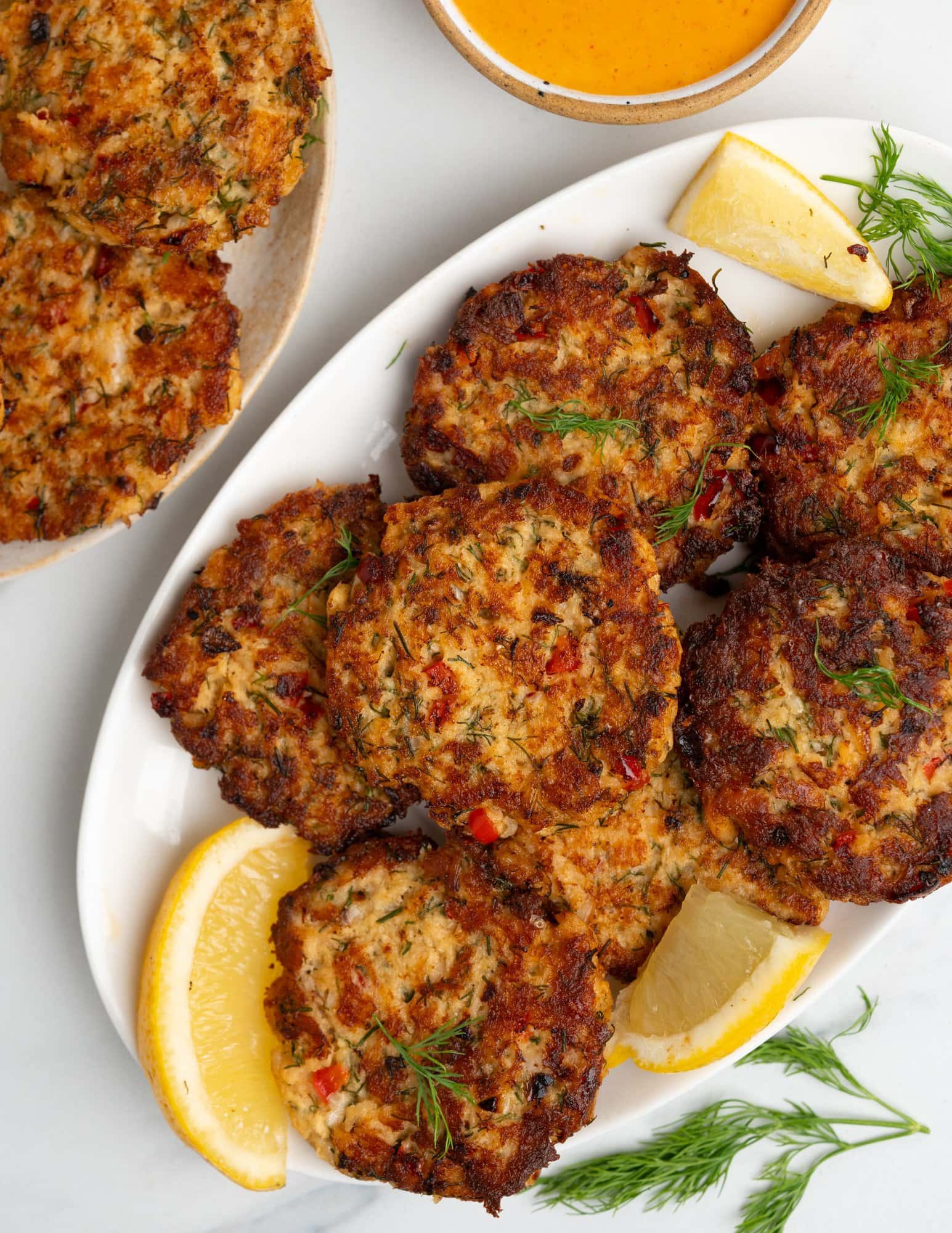 Plate of crispy salmon patties. 