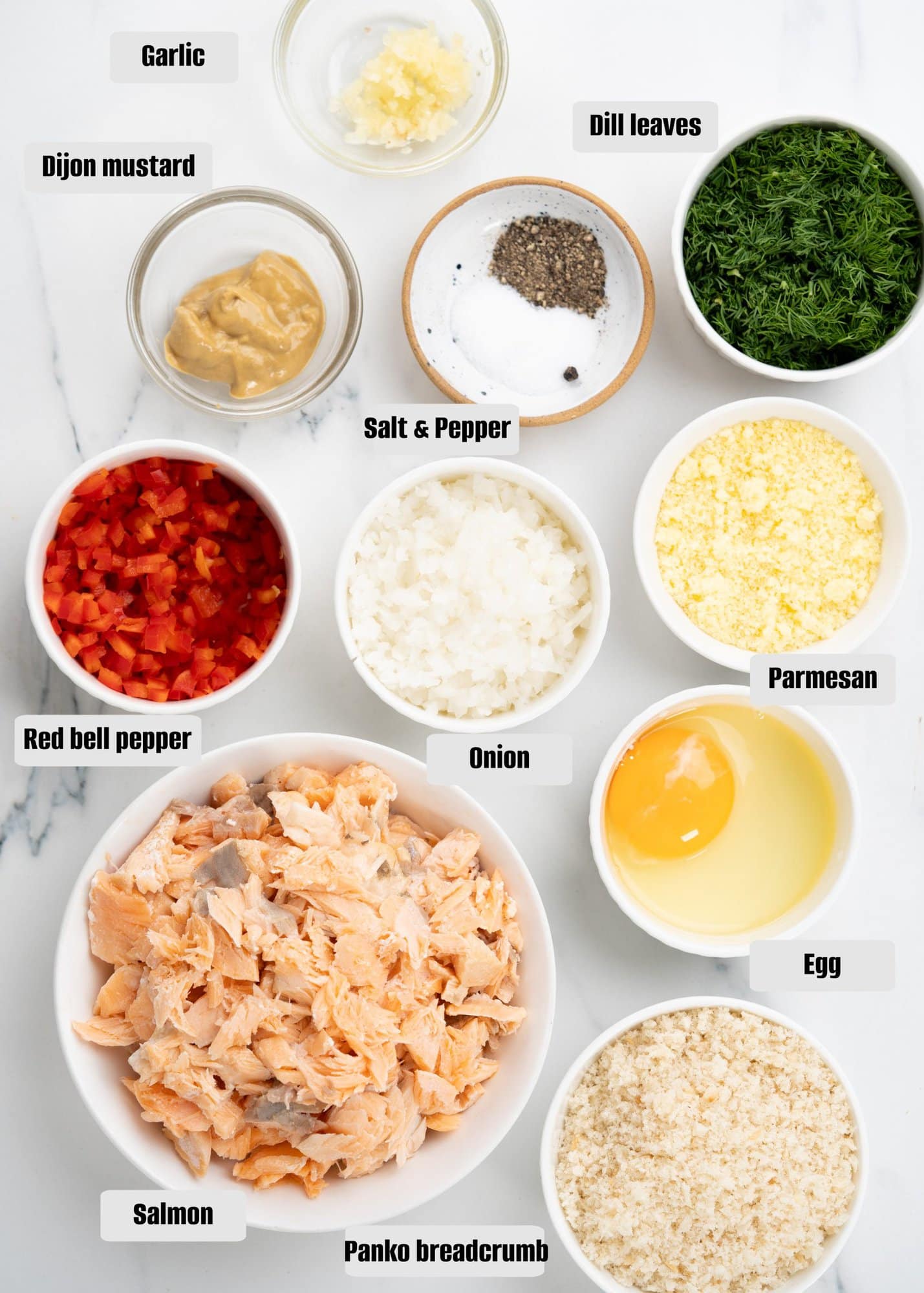 Ingredients for Salmon patties
: salmon,panko breadcrumb,egg,parmesan,onion,red bell pepper,salt n& pepper,dill leaves, dijon mustard and garlic