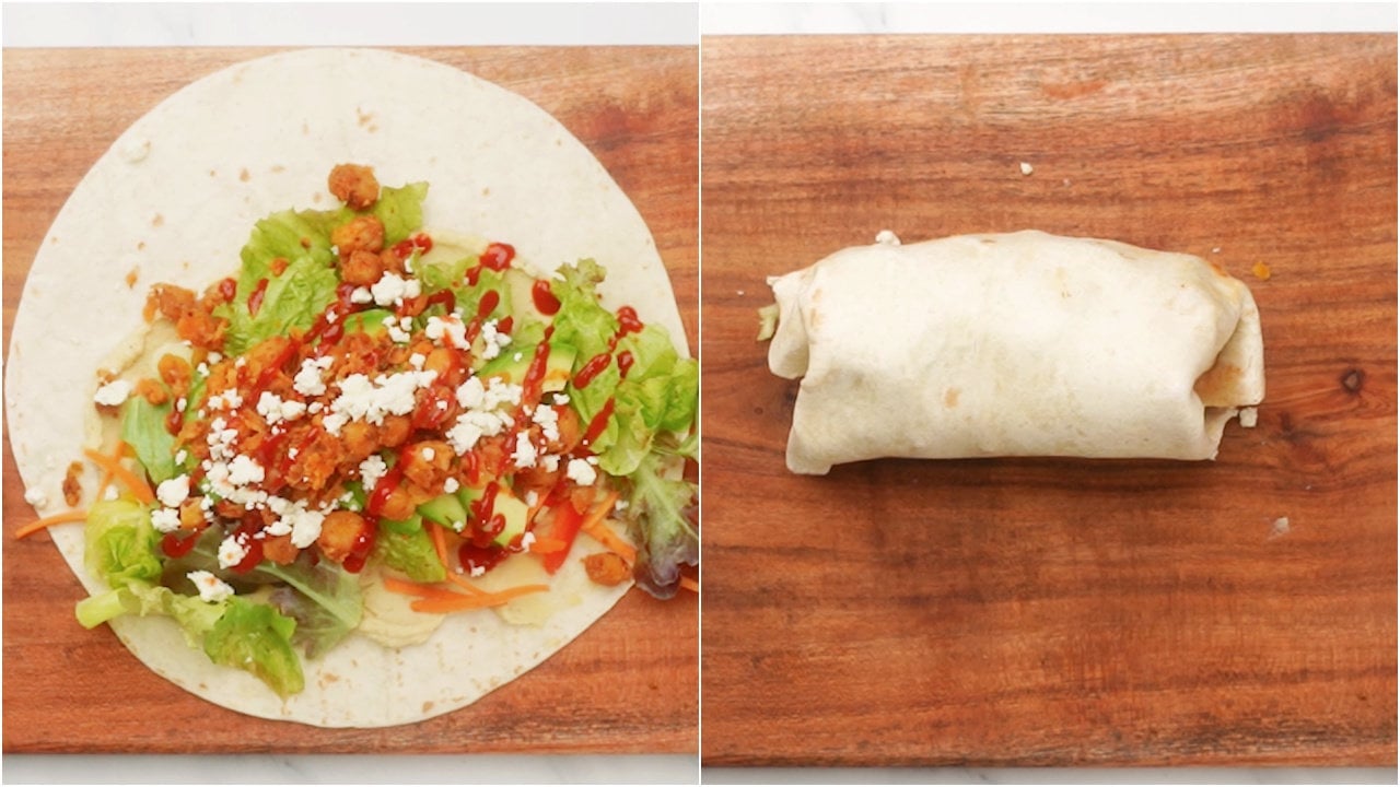 Add spicy chickpeas, crumbled feta and drizzle of hot sauce. Then fold the wrap. 
