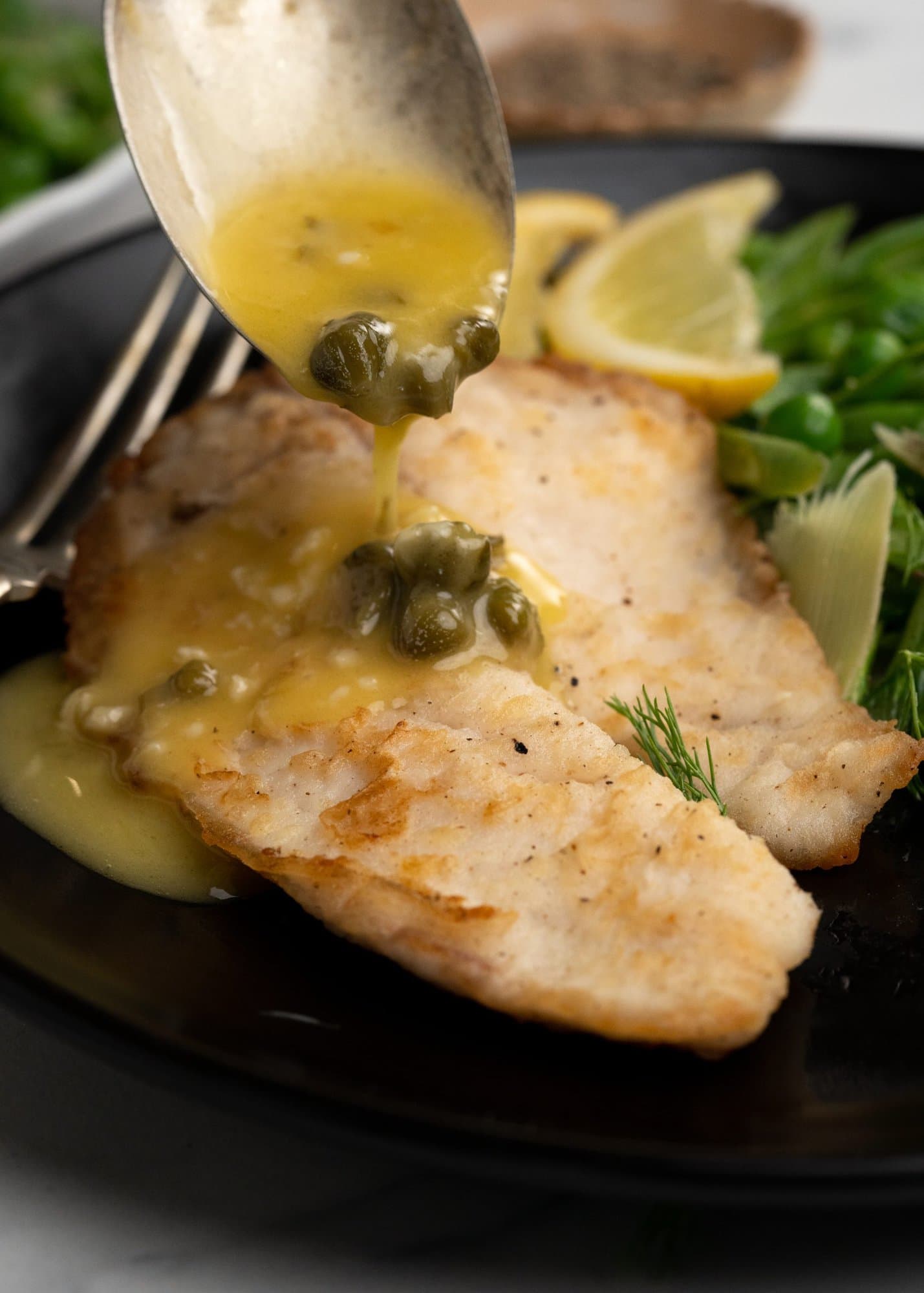 Lemon Caper sauce on Pan fried Tilapia. 