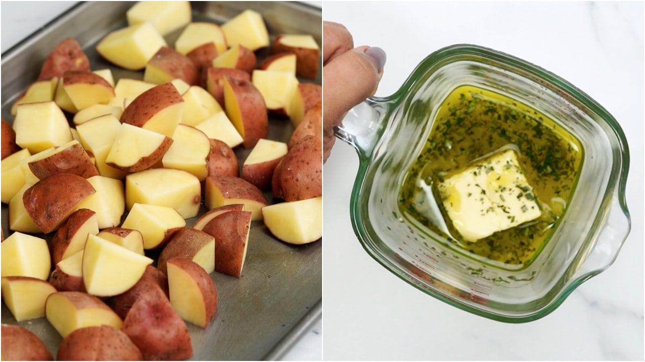 Cut red potatoes. Make Garlic rosemary flavoured butter for roasting.