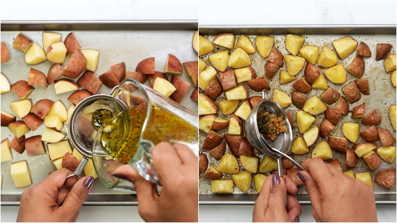 Add flavoured butter to the potatoes and bake. Then add crispy garlic and herb towards the end. 
