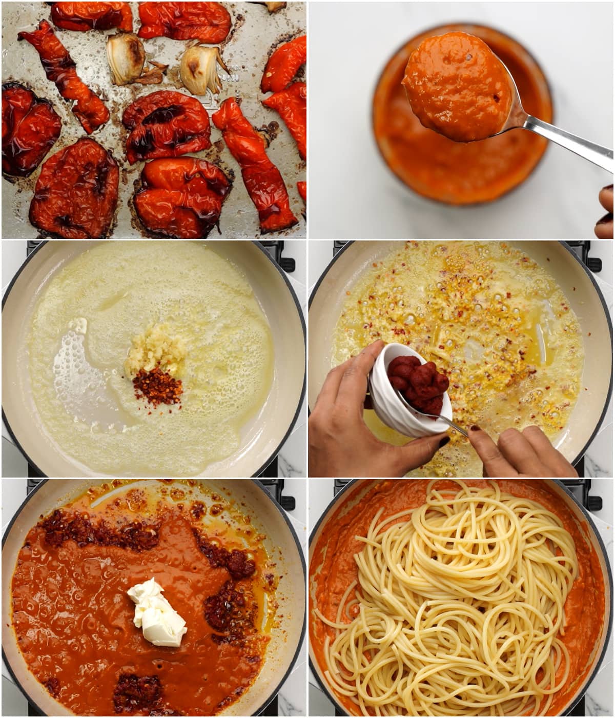 Collage shows steps to make red pepper pasta - roast red pepper, blend to a sauce, saute aromatics, add tomato paste, add cream cheese, add pasta and stir.