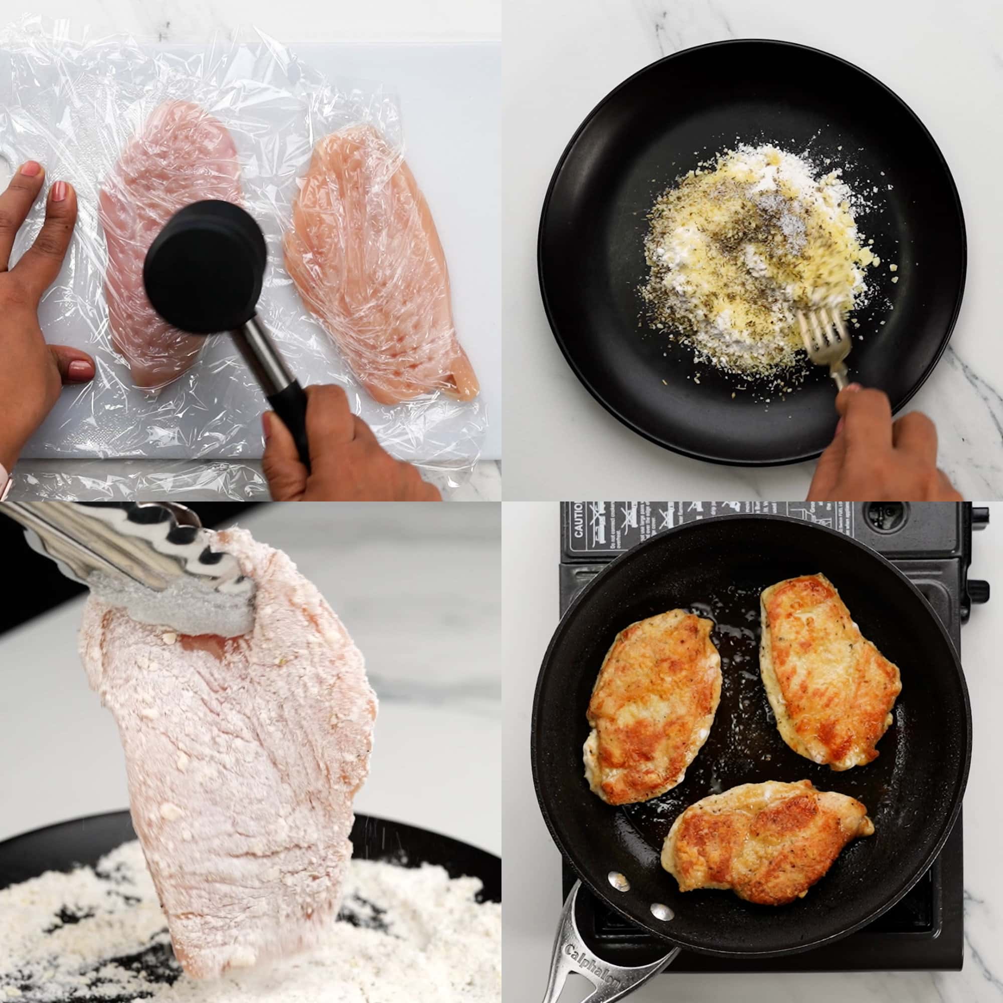 Coat chicken pieces with flour and parmesan mixture. Pan fry dreged chicken breast pieces in a hot pan/skillet until cripsy. 