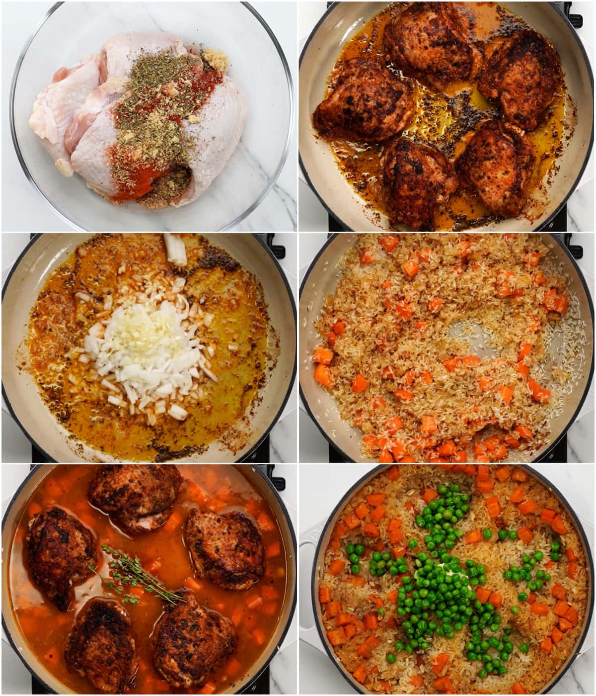 Collage shows steps to how to season chciken, sear them, saute aromatics, toast rice, bake chicken and rice in a Dutch oven.