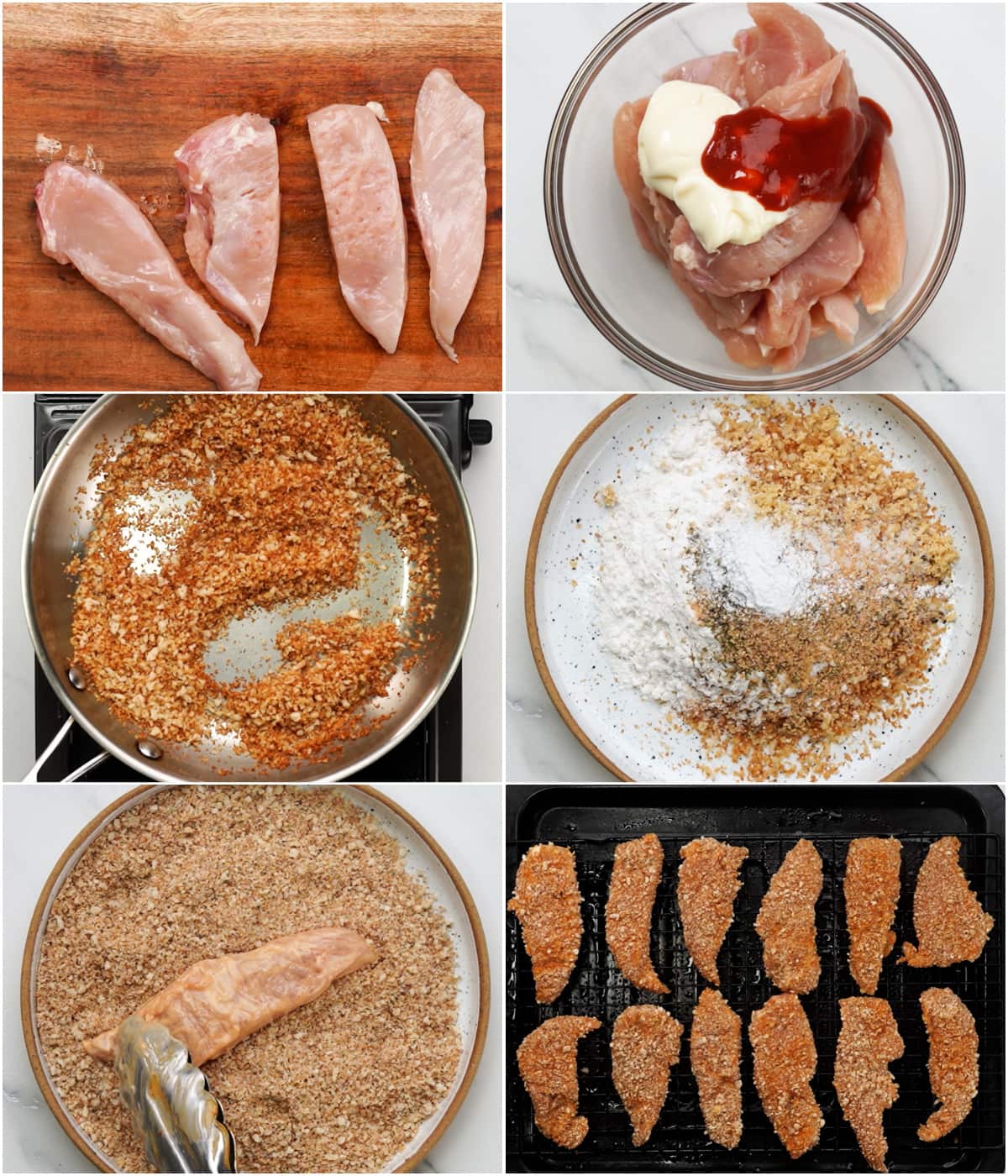 easy and mess free steps to make crispy oven baked chicken tenders. marinate chicken with mayo and sriracha. dredge with breadcrumb, flour, baking soda and seasoning. then bake. 