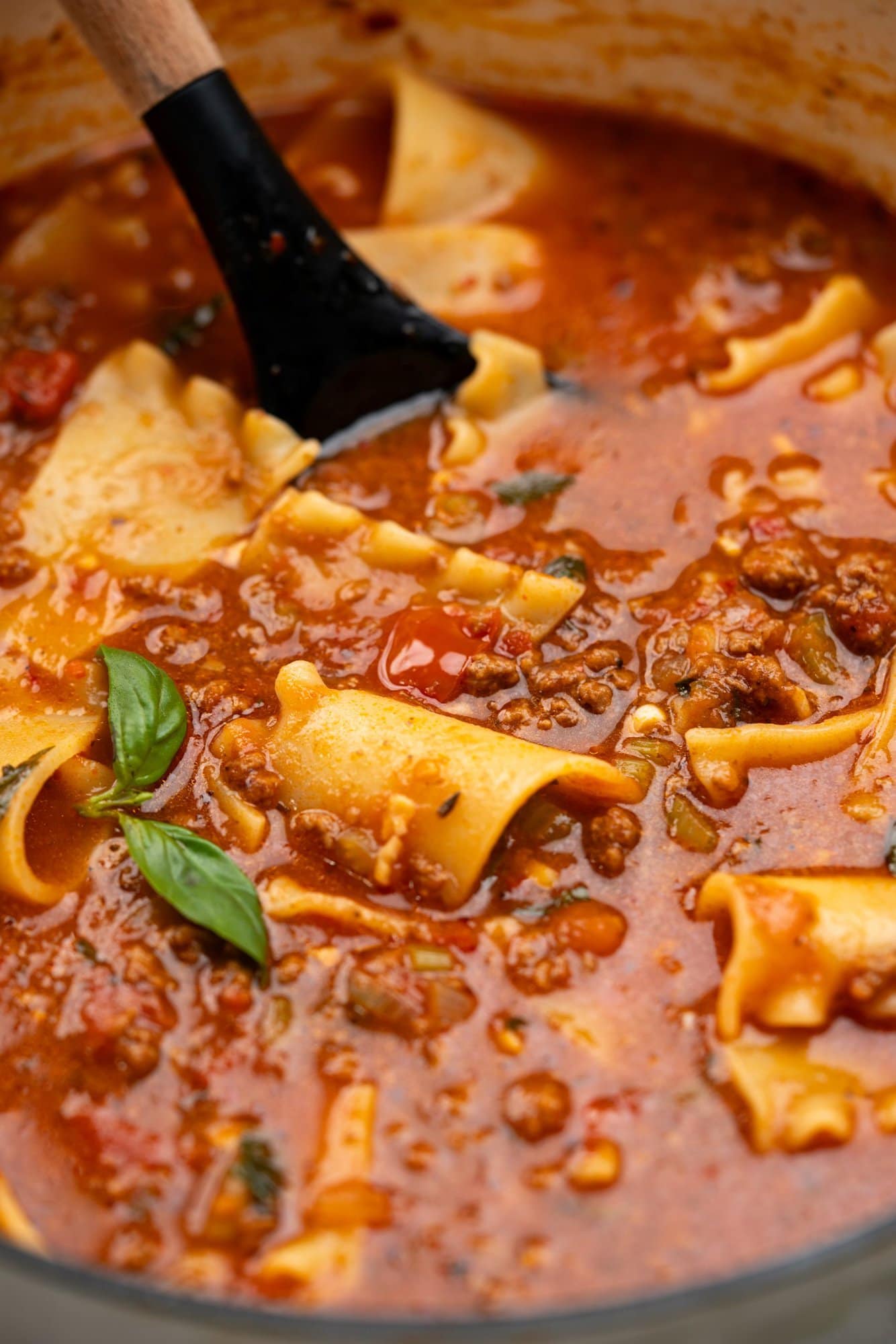 Close up view of Lasgna soup in a pot.