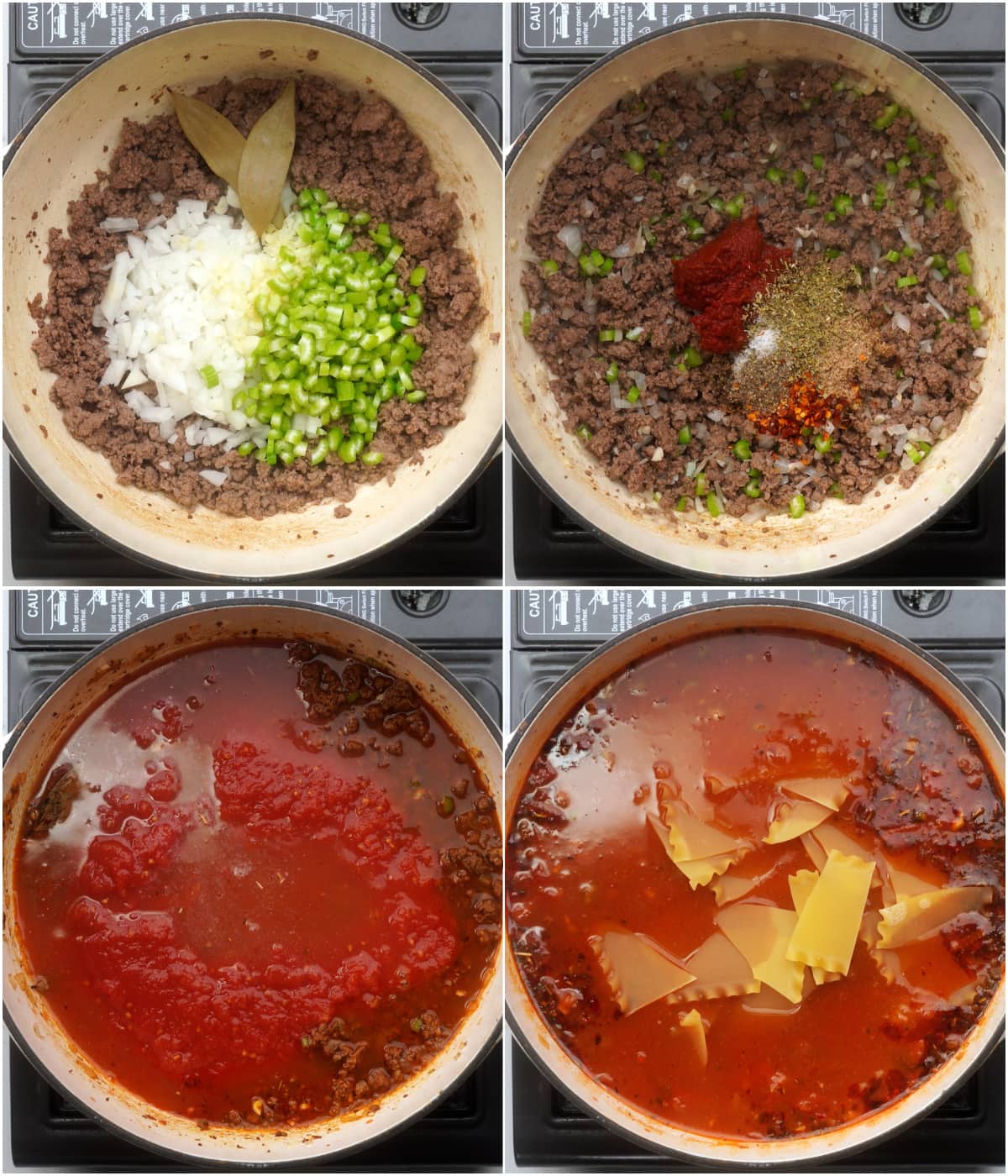 Brown goround beef, saute onion, celery and garlic. Add seasoning and tomato paste. Add tomatoe and chicken stock. Towards the end add dried noodles. 