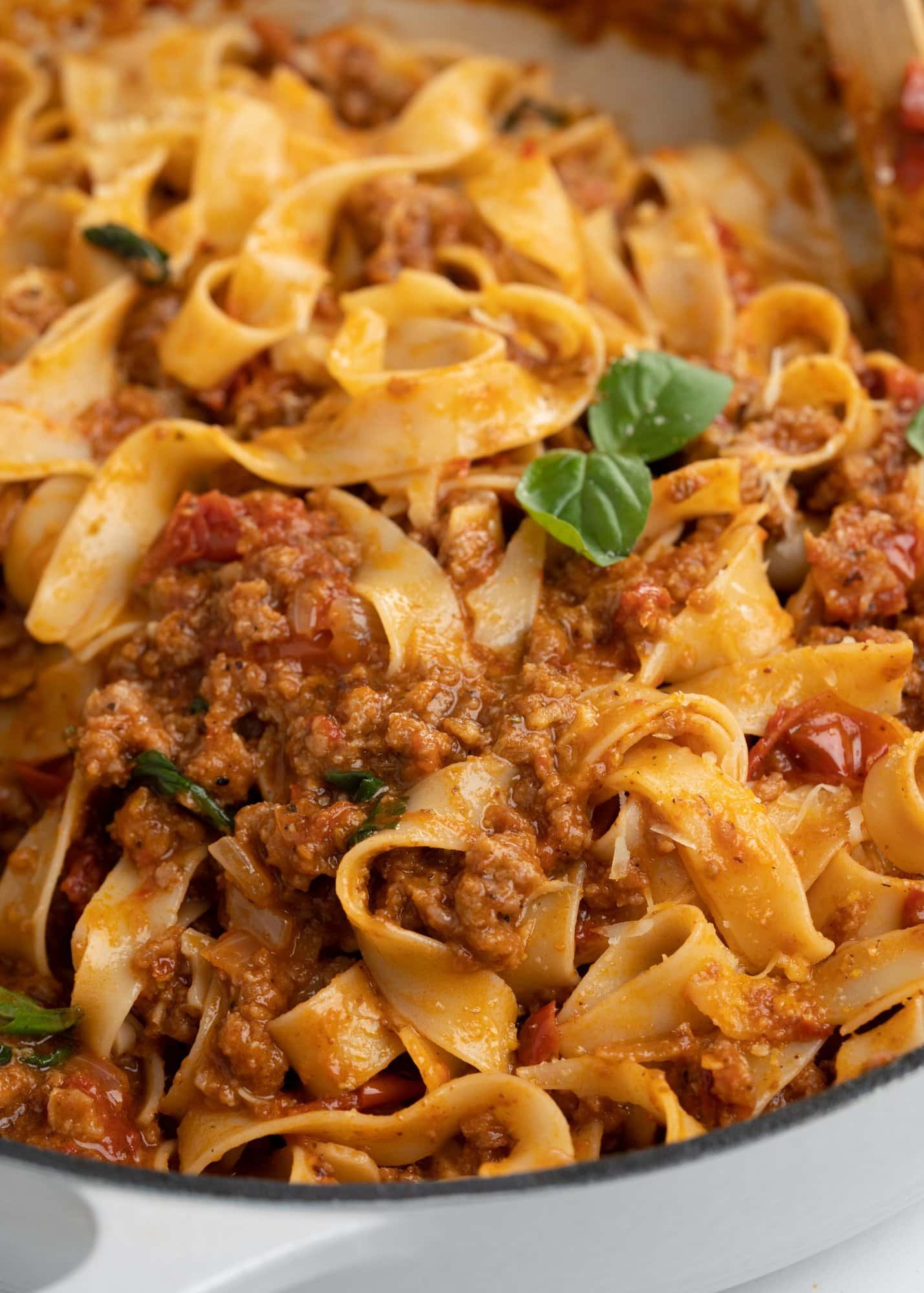 Pappardelle pasta in a delicious tomato-based Italian sausage sauce. Think of this as a  version of bolognese sauce that is hearty, robust, and takes half the time to make. 