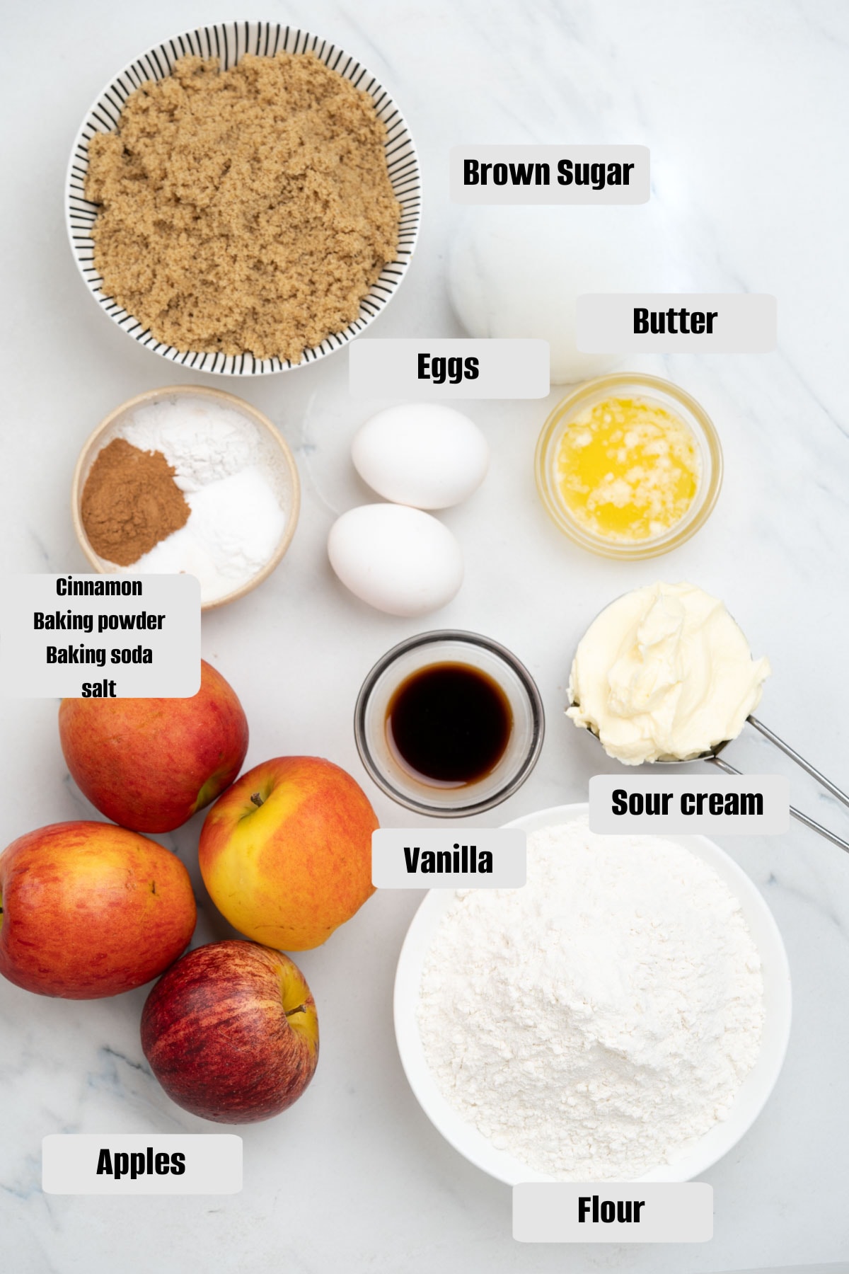 Ingredients for Cinnamon Apple Muffins - some to form the body of the muffins, others to add flavor and taste.