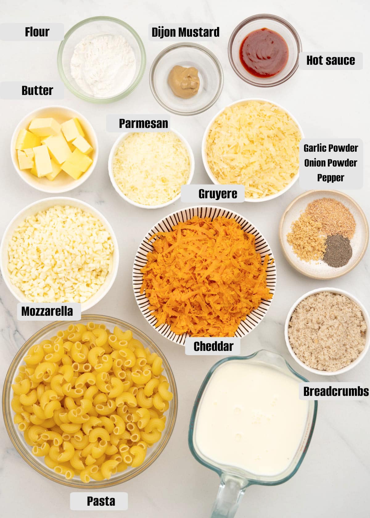 Top shot of Baked Mac and Cheese ingredients.