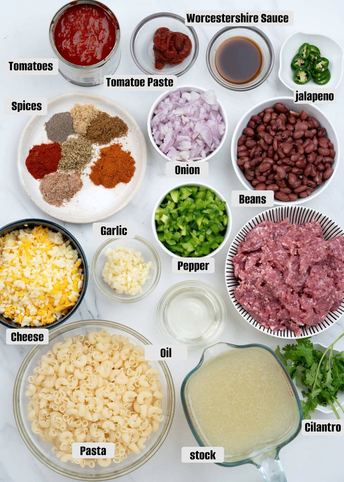 ingredients to make chili mac and cheese.