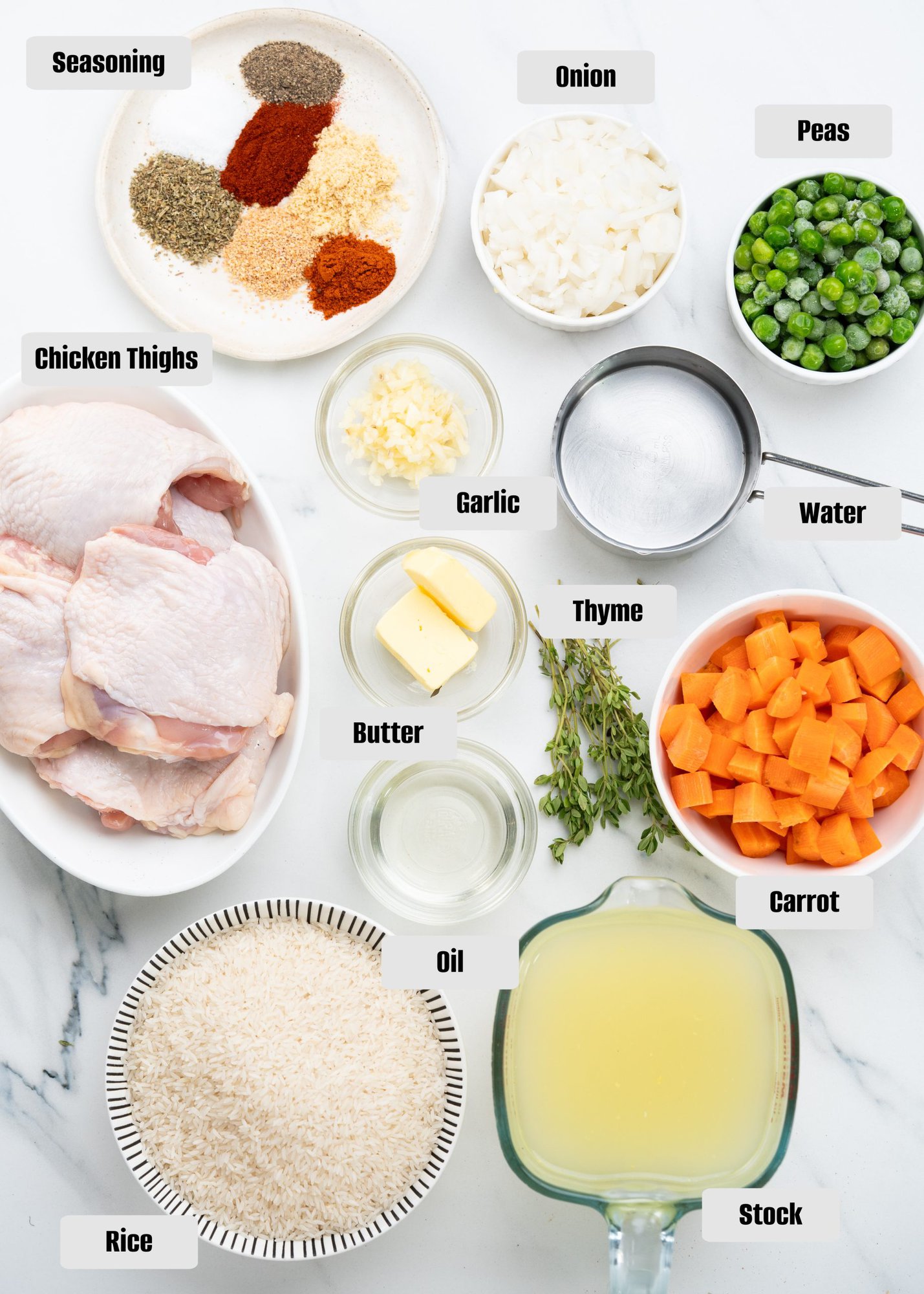 This image has Ingredients for Oven baked chicken and rice. 