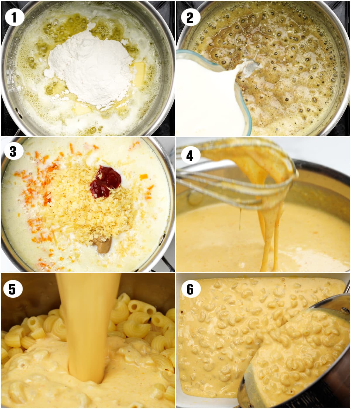 Step by step pictures showing to make baked mac and cheese