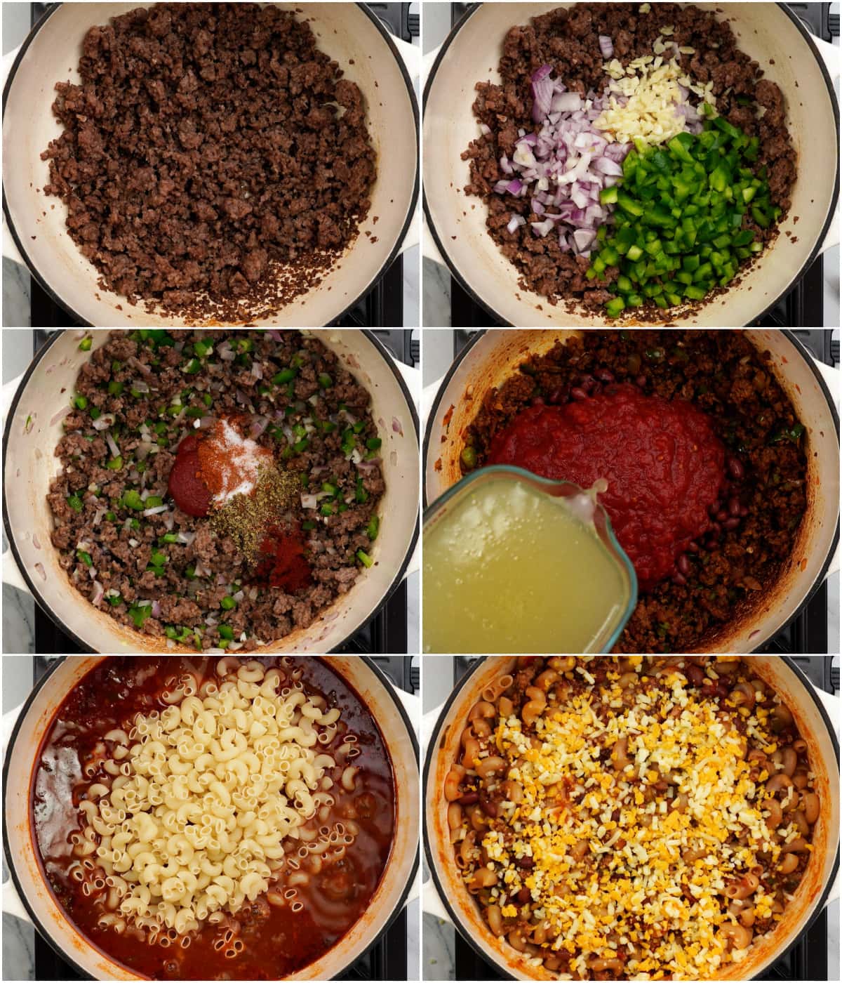 Step by step pictures of how to make chili mac and cheese