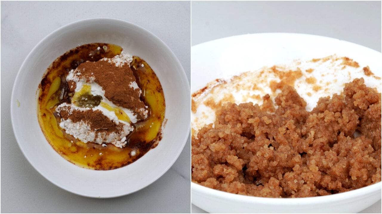 Two-image collage showing steps on how to make a crunchy sugar toppings for apple muffins.