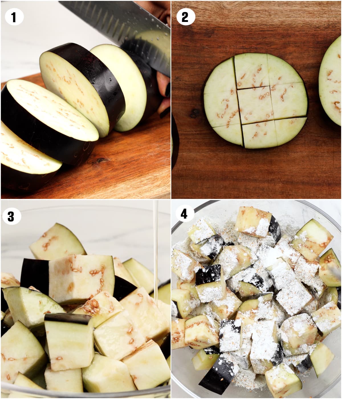 Step by step picture demonstrating how to make Crispy eggplant in the Air fryer. Cut Eggplants to cubes, coat with oil. Then coat with cornstarch, salt, garlic powder and pepper. 