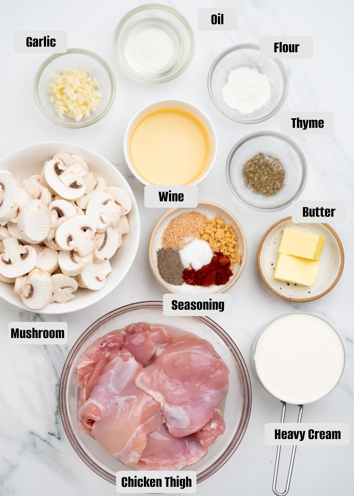 Picture shows list of ingredients required to make chicken thigh in mushroom sauce.