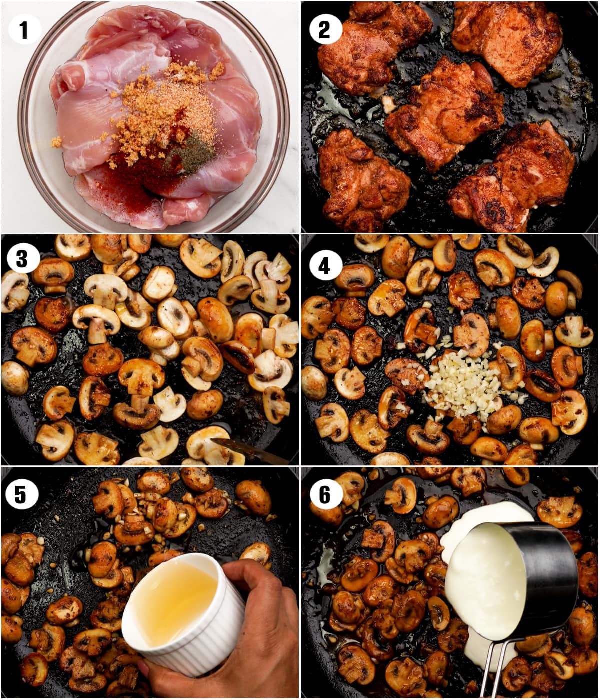 step by step pictures showing how to make chicken thighs in mushroom sauce. 