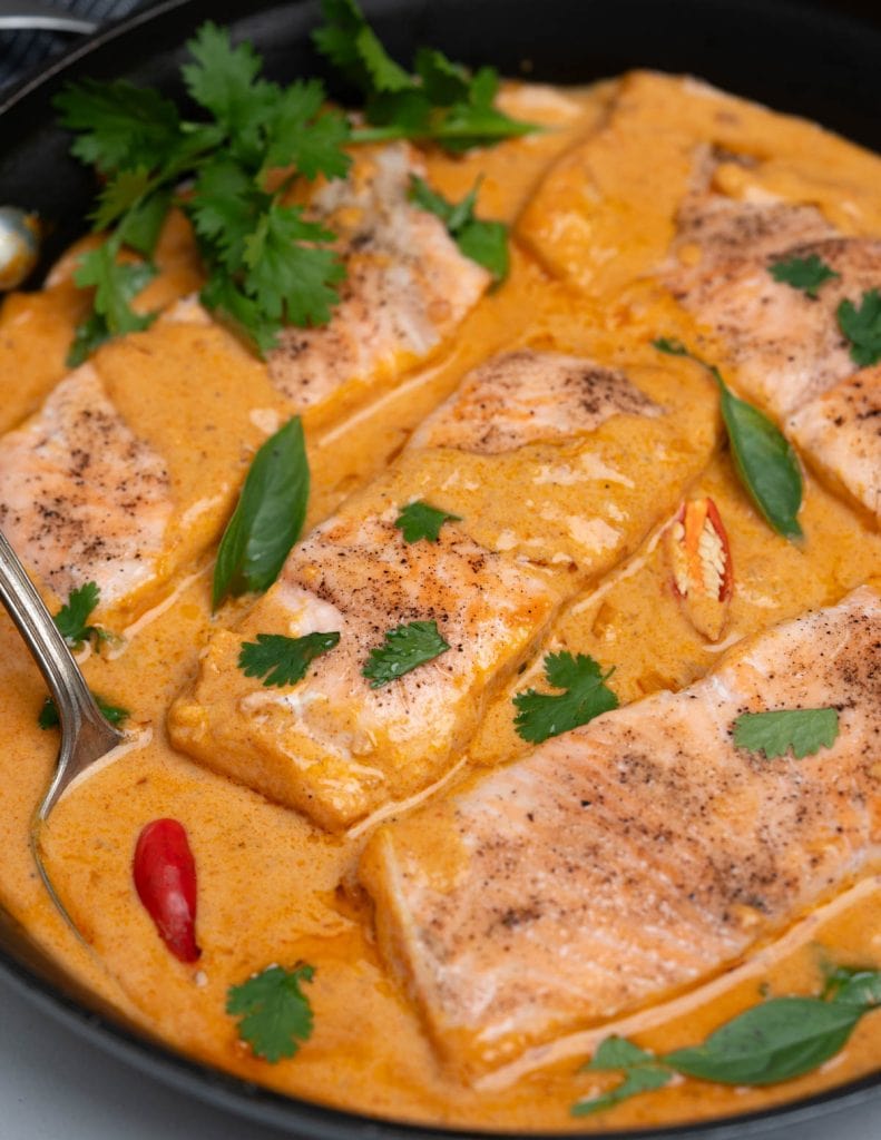 Close up of salmon fillets in a creamy coconut curry sauce and garnished with cilantro, thai basil and chili peppers.