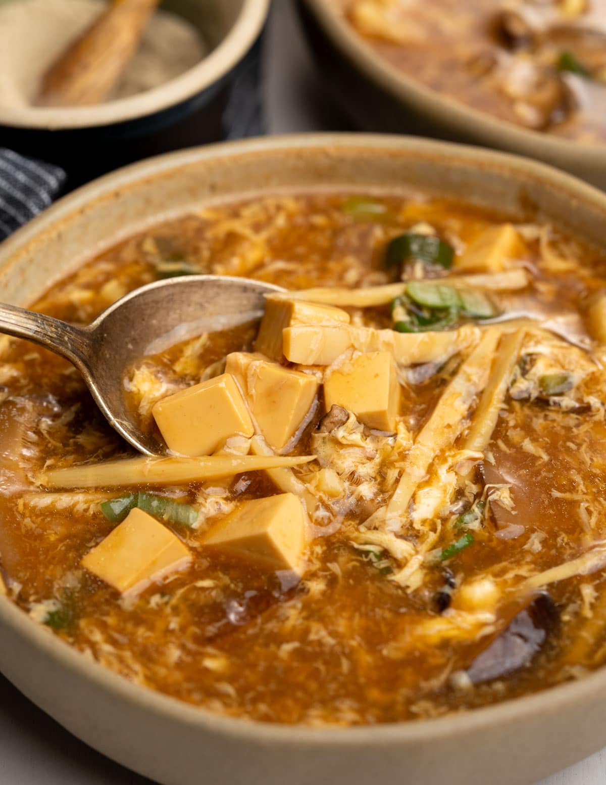 Bowl of hot and sour soup with tofu, shitake mushroom, bamboo shoots