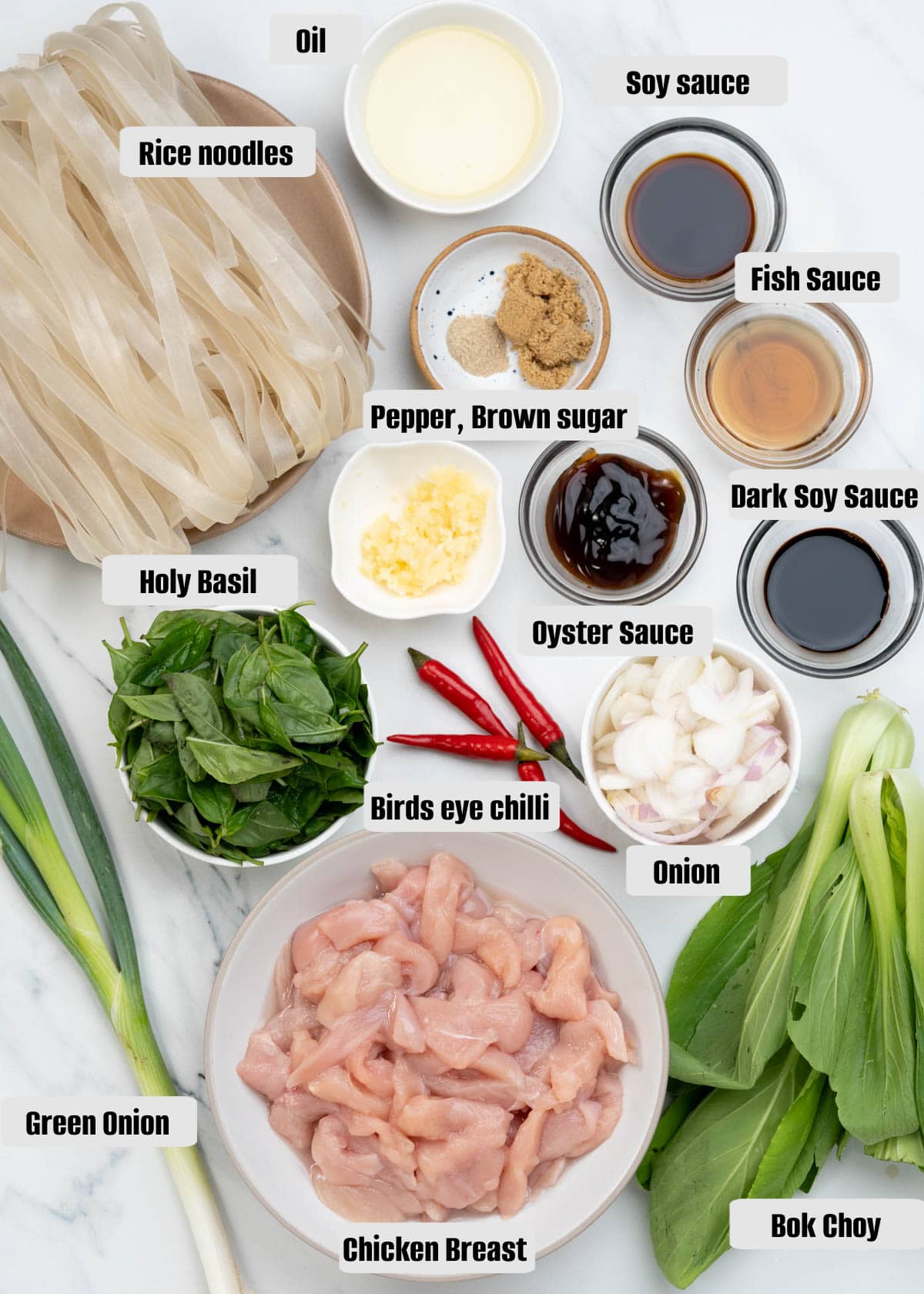 Ingredients for making Thai style Drunken Noodles.  