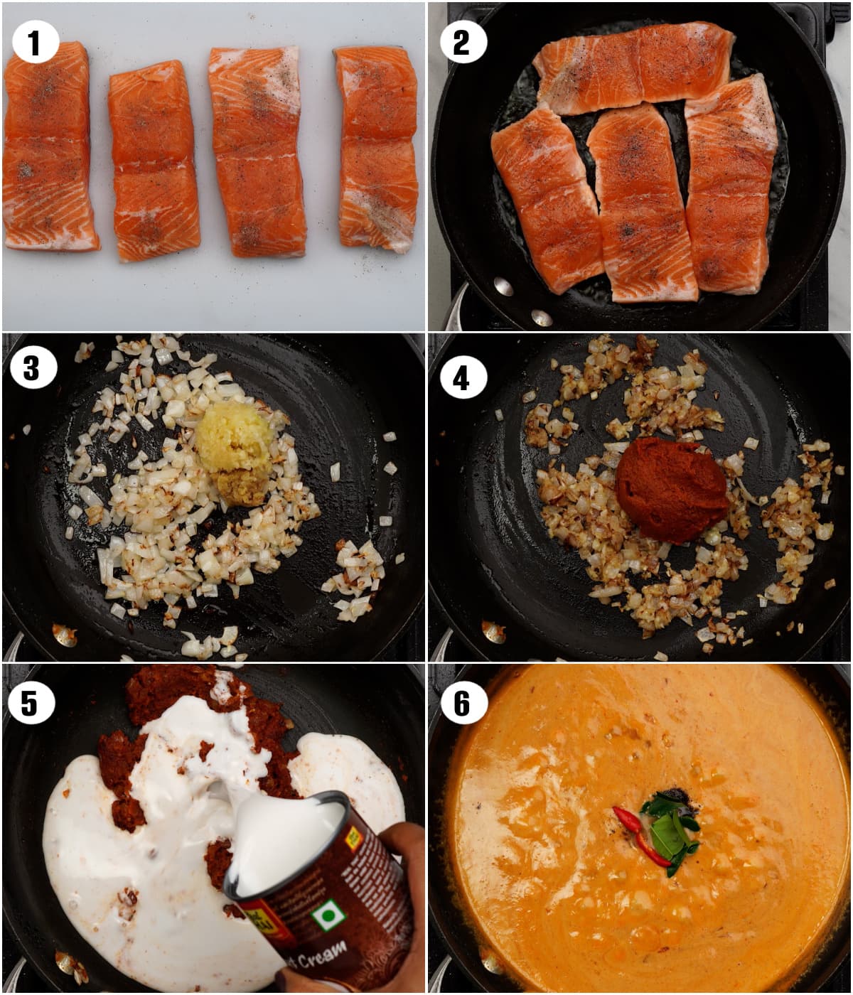 Collage fo six images shows steps to make Salmon coconut curry - 1. Season salmon. 2. Sear salmon fillets. 3. Saute aromatics. 4. Add thai curry paste. 5. Add coconut milk. 6. Add spices to gravy and stir. 