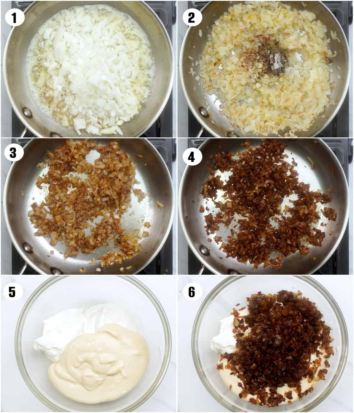 Steps showing different stages of caramelising onion for french onion dip.