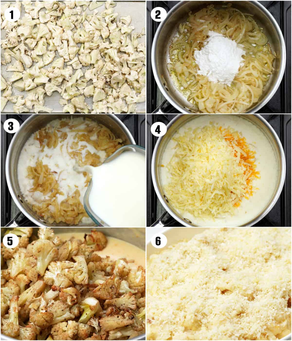 Collage images showing steps to make cauliflower au gratin - Images 1 shows chopped florets, Images2-4 shows how to make a roux and creamy sauce. Image 5 to add baked florets to the sauce and mix to coat. Image 6 shows topping with breadcrumb mix.